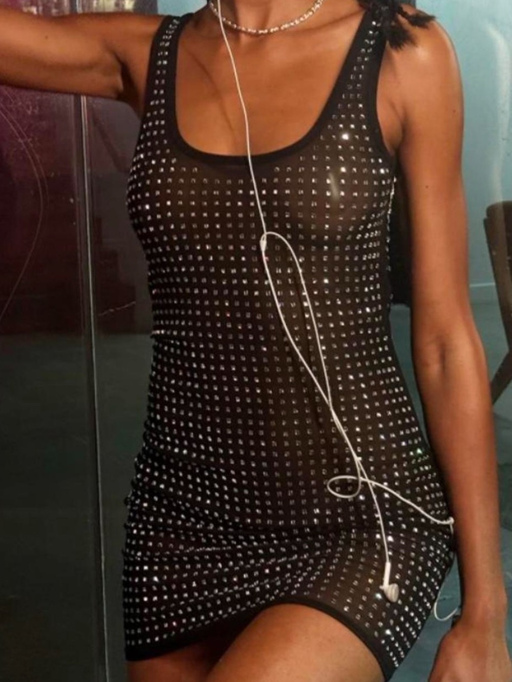 Edikted Black Studded Mesh Mini Dress
